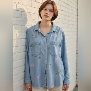 Standard Grace Blue Chambray Denim Shirt with Flamingo Floral Design Large